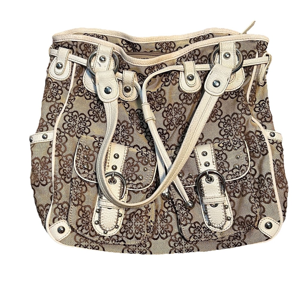 Kathy Van Zeeland Gold Metallic Shopper Tan Floral Purse Handbag w/ Keychain